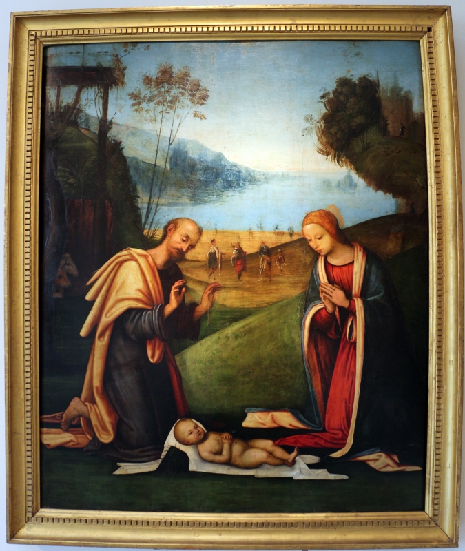 Lorenzo costa, adorazione del bambino con arrivo dei magi, 1503-06, da ss. gervasio e protasio, 01 - Sailko