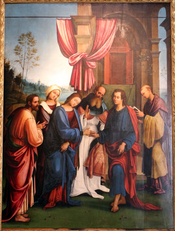 Lorenzo costa, sposalizio della vergine tra i ss. gioacchino, anna e un frate francescano, 1505, dall'annunziata 02 - Sailko