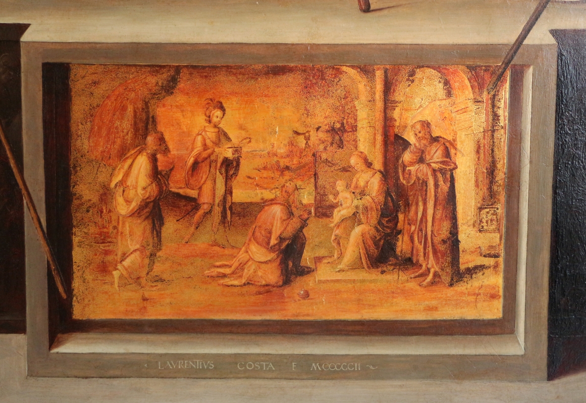 Lorenzo costa, san petronio tra i ss. francesco e domenico, 1502, 05 adorazione dei magi, firma - Sailko