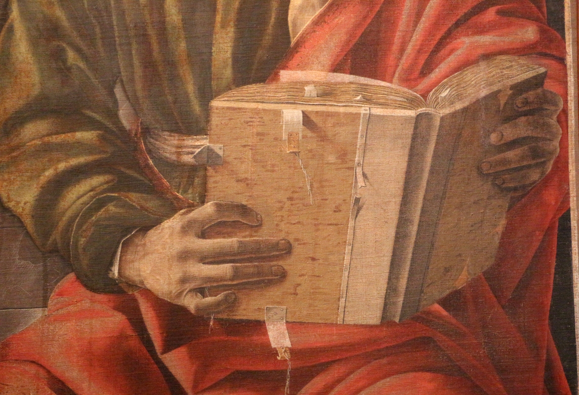 Francesco del cossa, pala dei mercanti, col committente alberto de' cattanei, 1474, 09 libro - Sailko