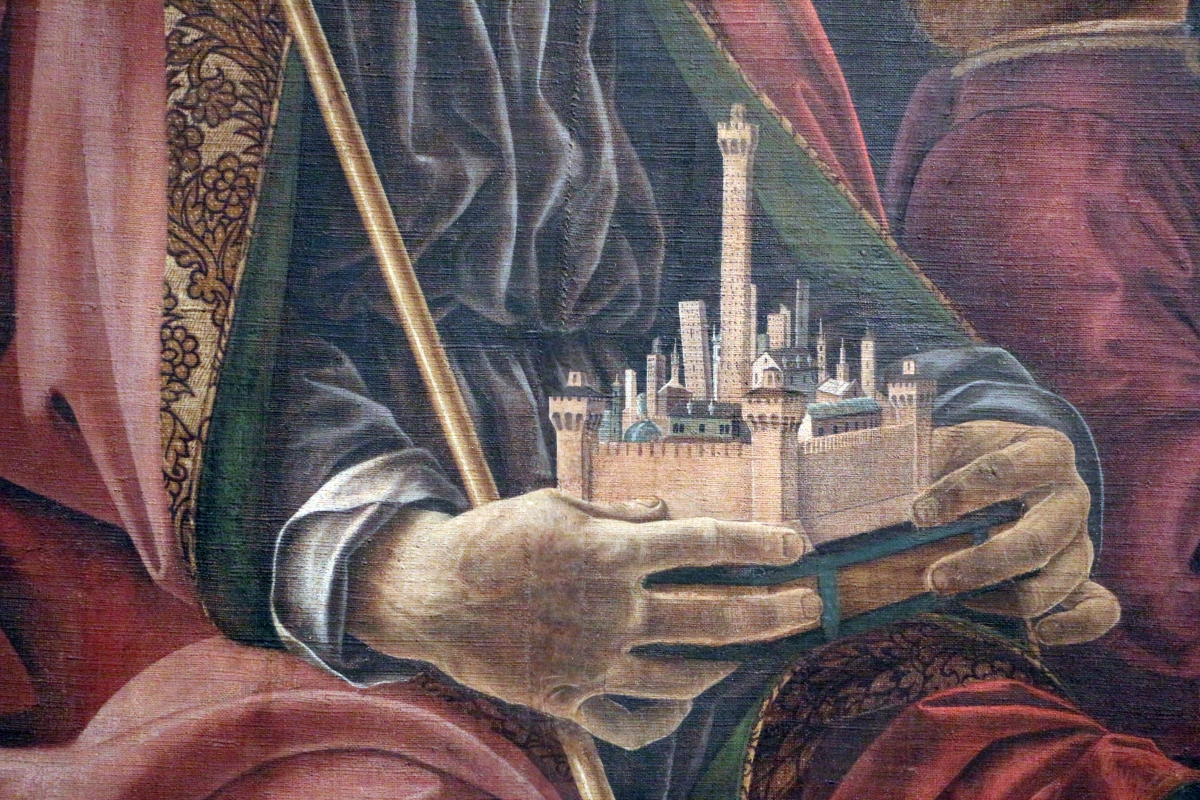 Francesco del cossa, pala dei mercanti, col committente alberto de' cattanei, 1474, 03,2 modellino di bologna - Sailko