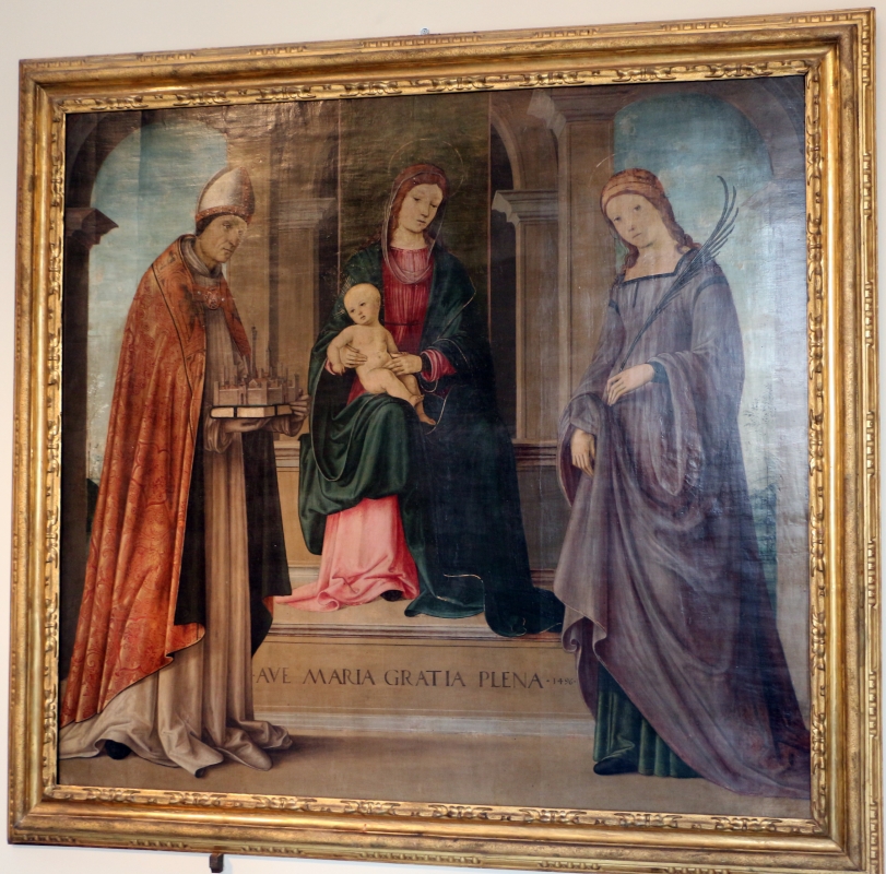 Lorenzo costa, madonna in trono tra i ss. petronio e tecla, 1496 - Sailko