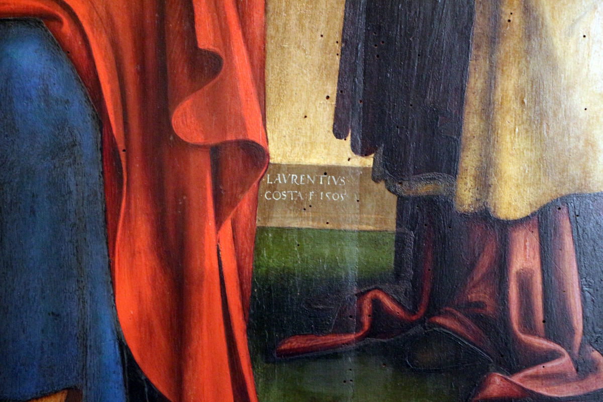 Lorenzo costa, sposalizio della vergine tra i ss. gioacchino, anna e un frate francescano, 1505, dall'annunziata 03 firma - Sailko