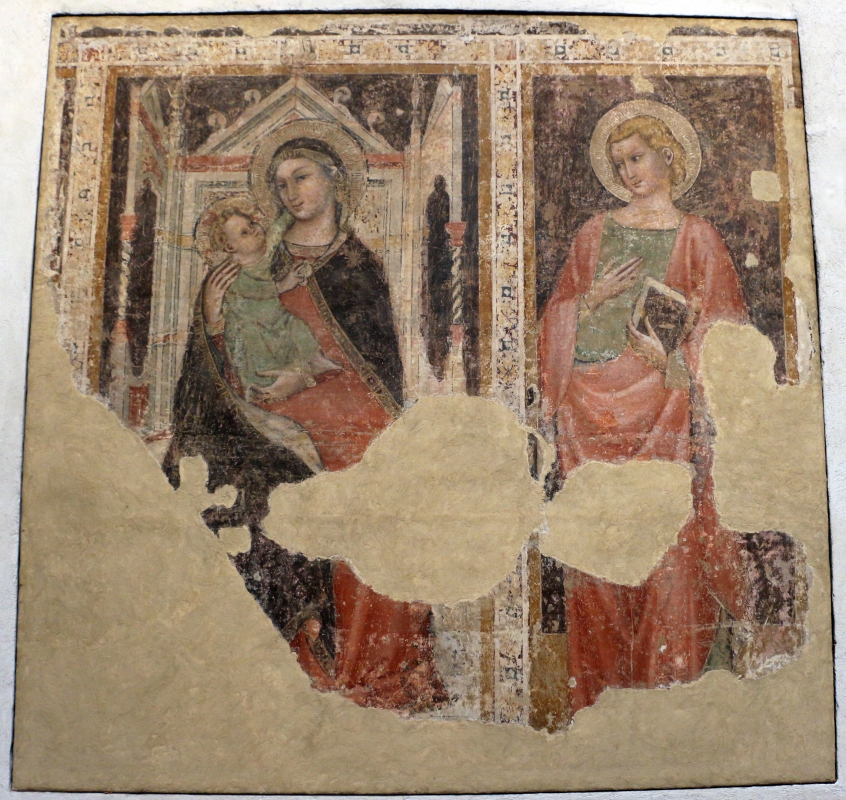 Andrea de' bruni (attr., ambito di Vitale), madonna in trono col bambino e s.g. evangelista, 1360-65 ca., da s. m. maddalena - Sailko