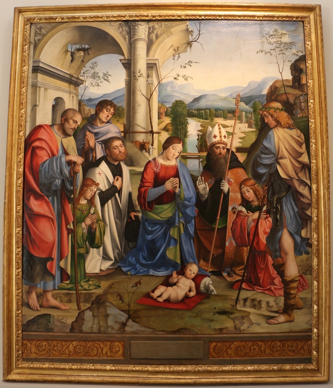 Francesco francia, adorazione del bambino con santi alla presenza di anton galeazzo e alessandro bentivoglio, 1498-99, da s.m. della misericordia 01 - Sailko