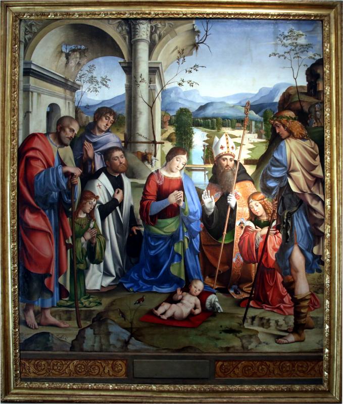 Francesco Raibolini detto il Francia, Il Bambino adorato dalla Vergine, dai santi e alla presenza di Anton Galeazzo e Alessandro Bentivoglio, (1498-99) 01 - Mongolo1984