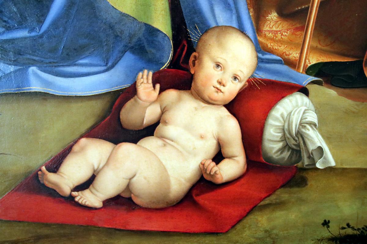Francesco Raibolini detto il Francia, Il Bambino adorato dalla Vergine, dai santi e alla presenza di Anton Galeazzo e Alessandro Bentivoglio, (1498-99) 02 - Mongolo1984