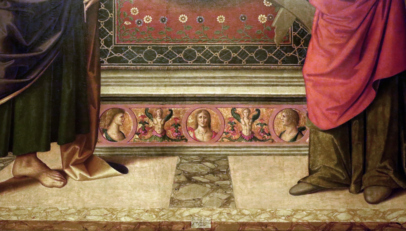 Marco palmezzano, madonna col bambino tra i ss. giovanni ev. e caterina d'a., 15410 ca. 02 gradino e firma - Sailko
