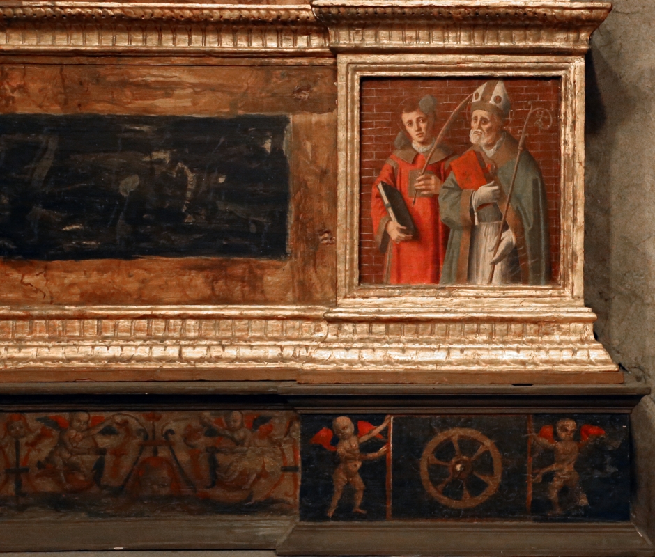 Marco palmezzano, madonna col bambino tra i ss. giovanni ev. e caterina d'a., 15410 ca. 04 stefano e mercuriale - Sailko