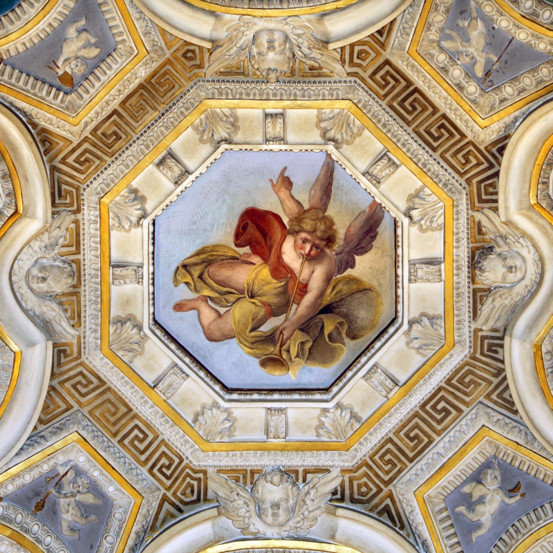 Livio Modigliani, soffitto della cappella di san mercuriale, storie di san girolamo, 1598 ca. 04 angelo con la tromba 2 - Sailko