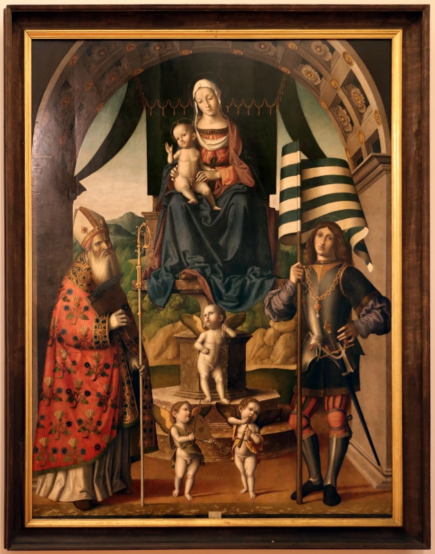 Marco palmezzano, madonna col bambino in trono tra i ss. biagio e valeriano e con angeli musicanti, 1520 ca. da s. biagio a forlì 01 - Sailko