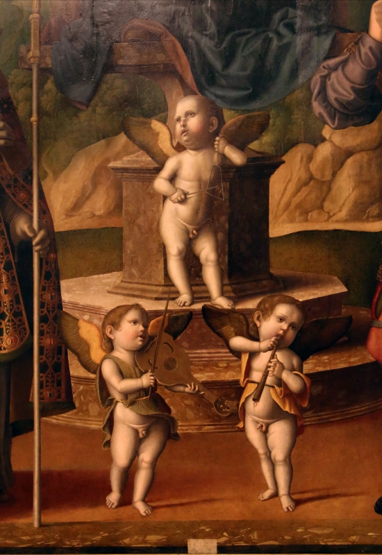 Marco palmezzano, madonna col bambino in trono tra i ss. biagio e valeriano e con angeli musicanti, 1520 ca. da s. biagio a forlì 03 - Sailko