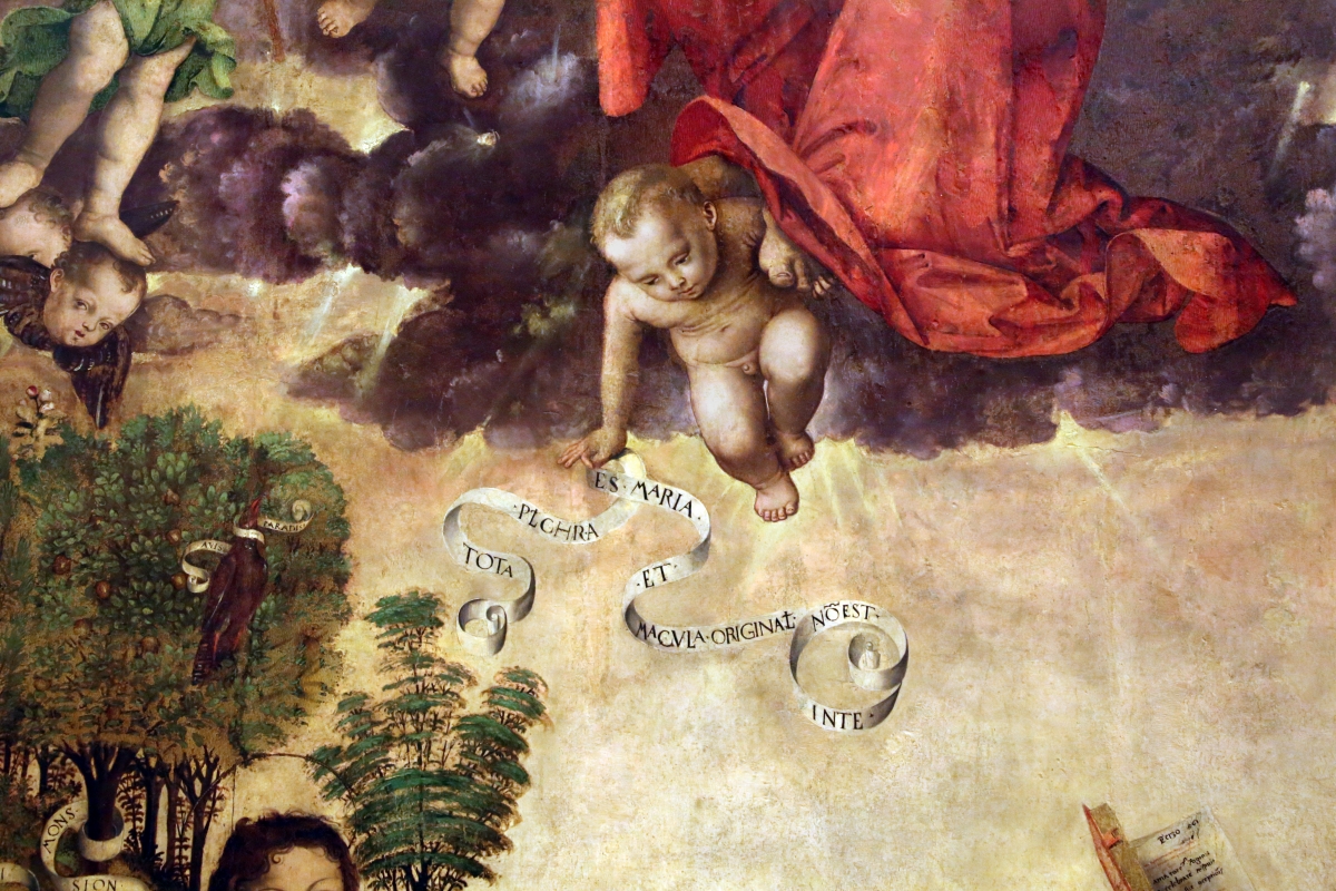 Francesco zaganelli da cotignola, concezione della vergine, 1513, da s. biagio in s. girolamo a forlì, 03 angelo con cartiglio - Sailko