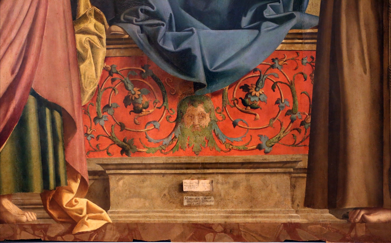 Marco palmezzano, madonna col bambino in trono tra i ss. bartolomeo e antonio (pala denti), 1513, dalla ss. annunziata a forlì, 02 altare con girali - Sailko