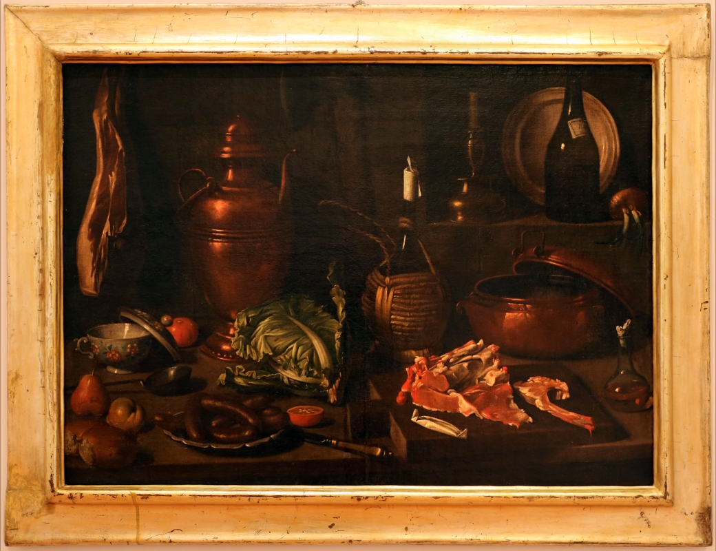 Carlo magini, natura morta con costolette d'agnello su tagliere, piatto di salsicce, cavolo e prosciutto appeso, 1750-1800 ca - Sailko
