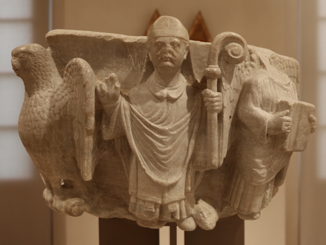Maestro dei mesi di ferrara (attr.), piliere con san mercuriale, figura benedicente e tetramorfo, 1210 ca., da s. martino in strada 02 - Sailko