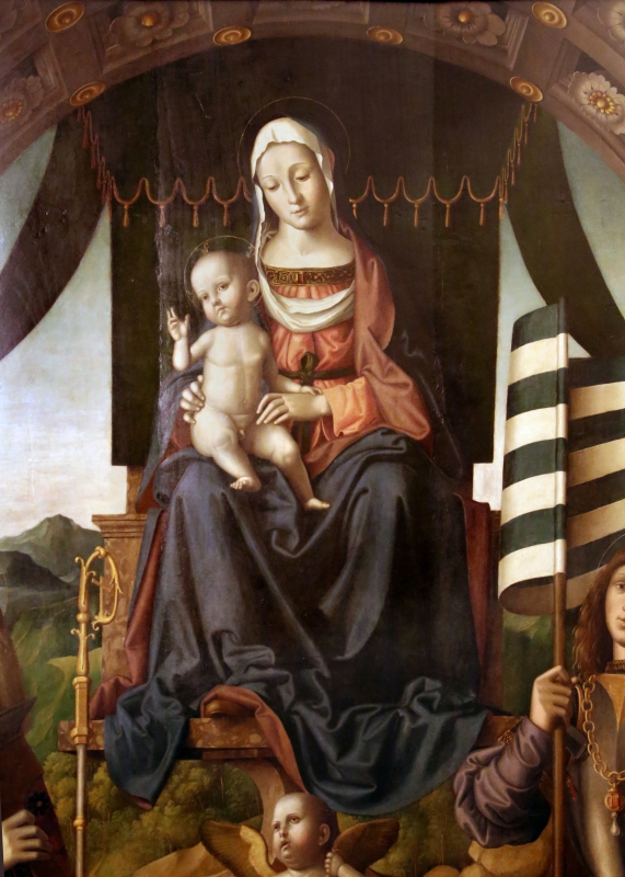 Marco palmezzano, madonna col bambino in trono tra i ss. biagio e valeriano e con angeli musicanti, 1520 ca. da s. biagio a forlì 02 - Sailko