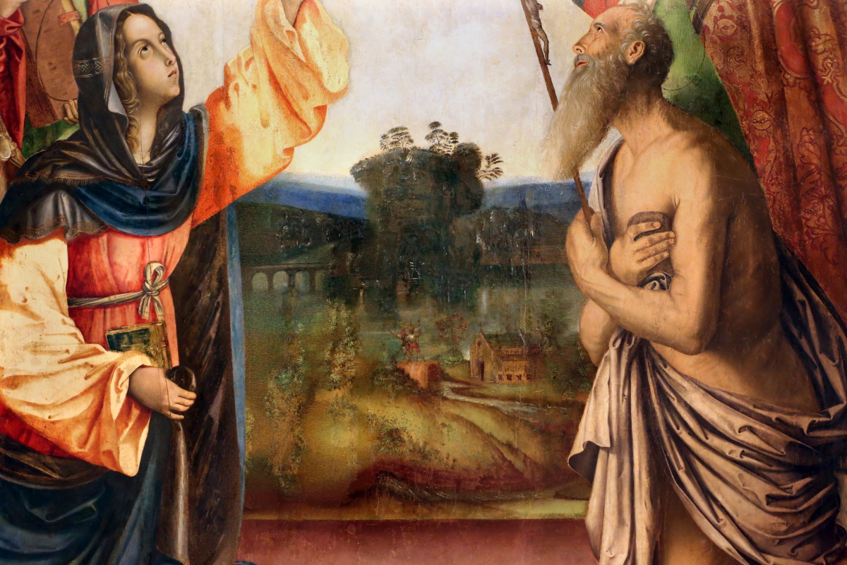 Francesco zaganelli da cotignola, concezione della vergine, 1513, da s. biagio in s. girolamo a forlì, 05 paesaggio cn fiume o lago - Sailko