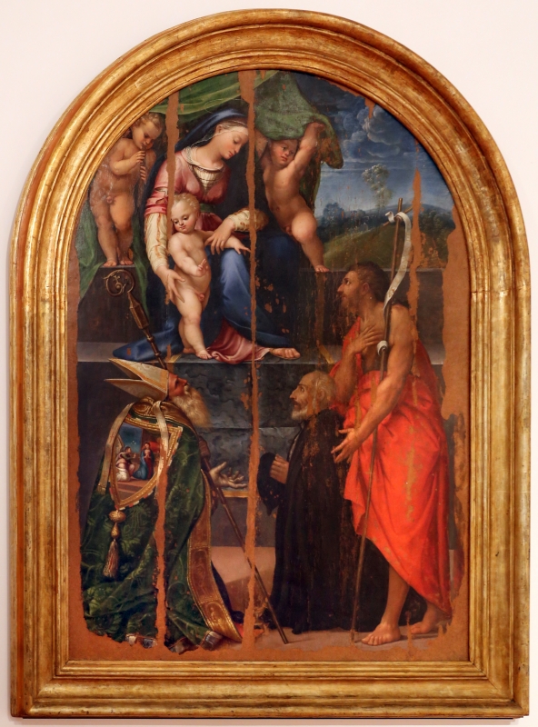 Girolamo marchesi da cotignola, madonna col bambino tra due angeli, santi e il committente (pala orsi), 1520-30 ca., da san mercuriale 01 - Sailko
