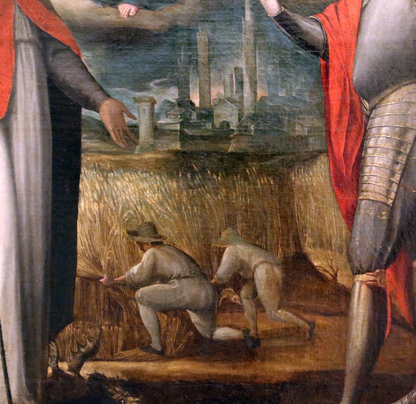 Gian francesco modigliani, madonna col bambino tra i ss. mercuriale e valeriano, 1590-1600 ca. 02 mietitori e veduta cittadina - Sailko