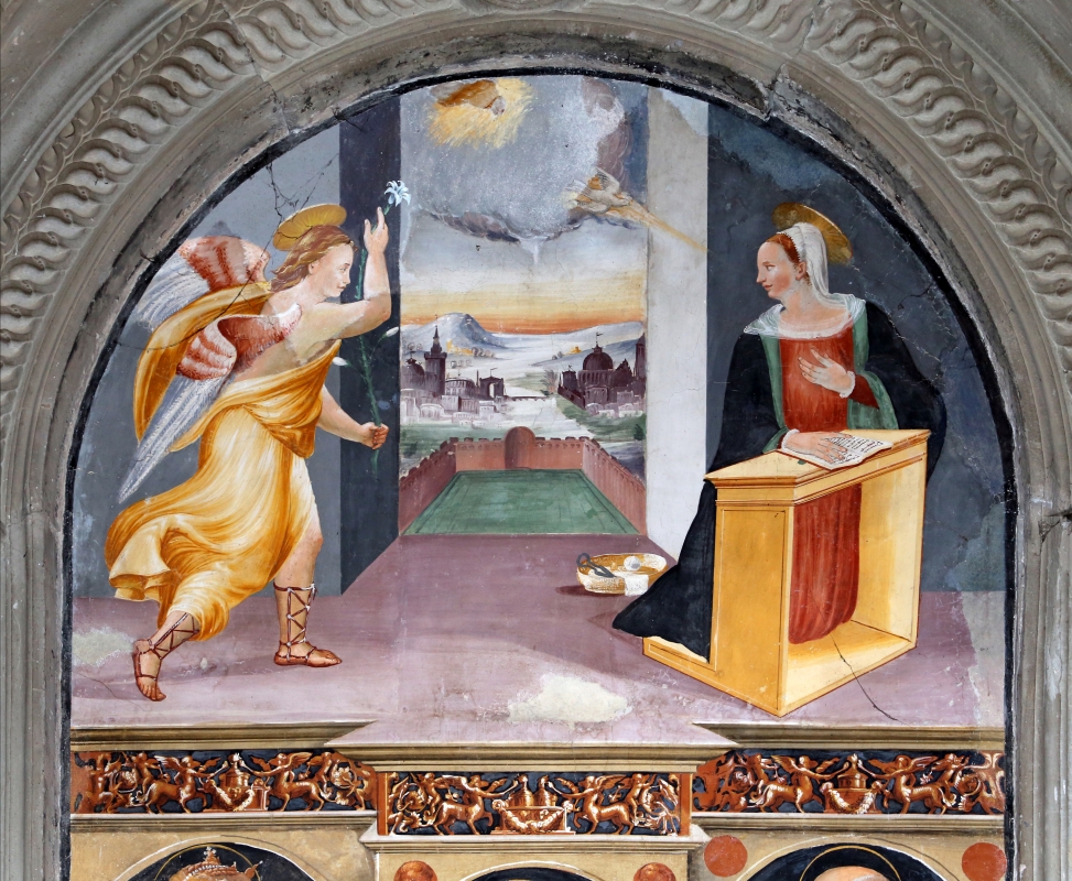 Scuola tosco-romagnola, annunciazione e i ss. caterina d'a., g. battista e antonio abate, 1547, 02 - Sailko