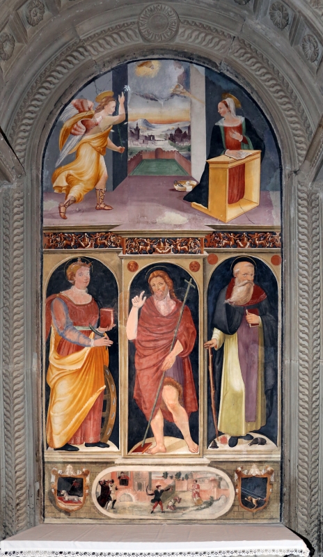 Scuola tosco-romagnola, annunciazione e i ss. caterina d'a., g. battista e antonio abate, 1547, 01 - Sailko