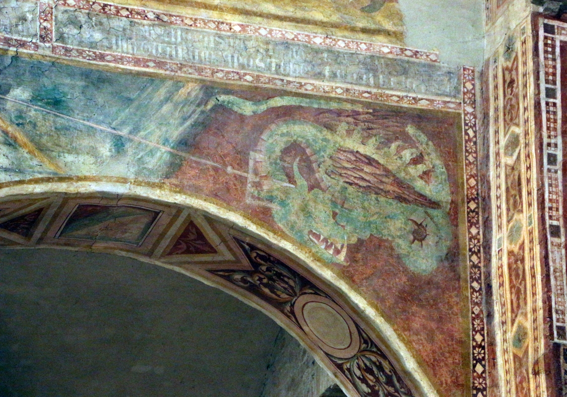 Scuola bolognese, ciclo dell'abbazia di pomposa, 1350 ca., apocalisse, 19 michele sconfigge il drago 4 - Sailko