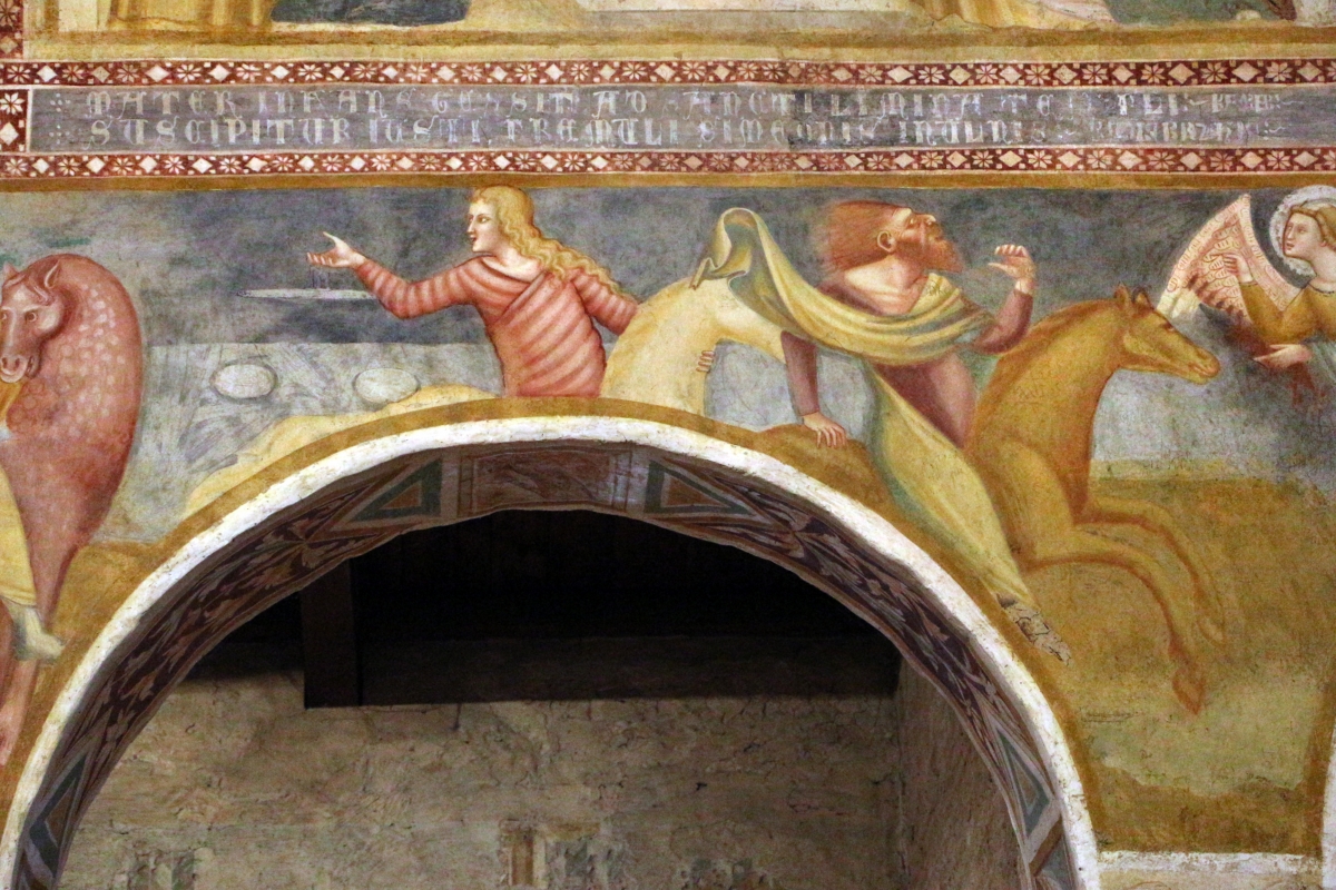 Scuola bolognese, ciclo dell'abbazia di pomposa, 1350 ca., apocalisse, 05 quattro cavalieri 3 nero e verdastro - Sailko