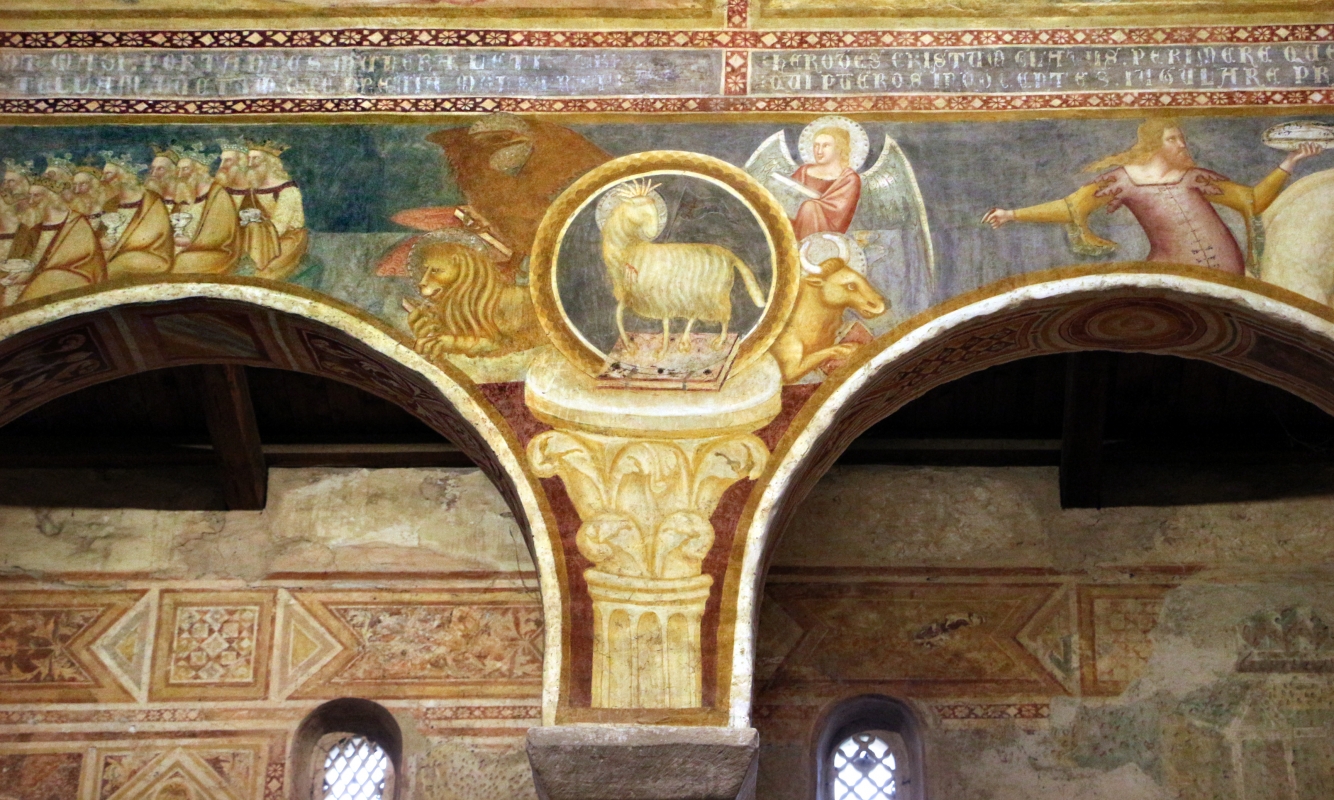 Scuola bolognese, ciclo dell'abbazia di pomposa, 1350 ca., apocalisse, 04 agnello tra il tertamorfo 1 - Sailko