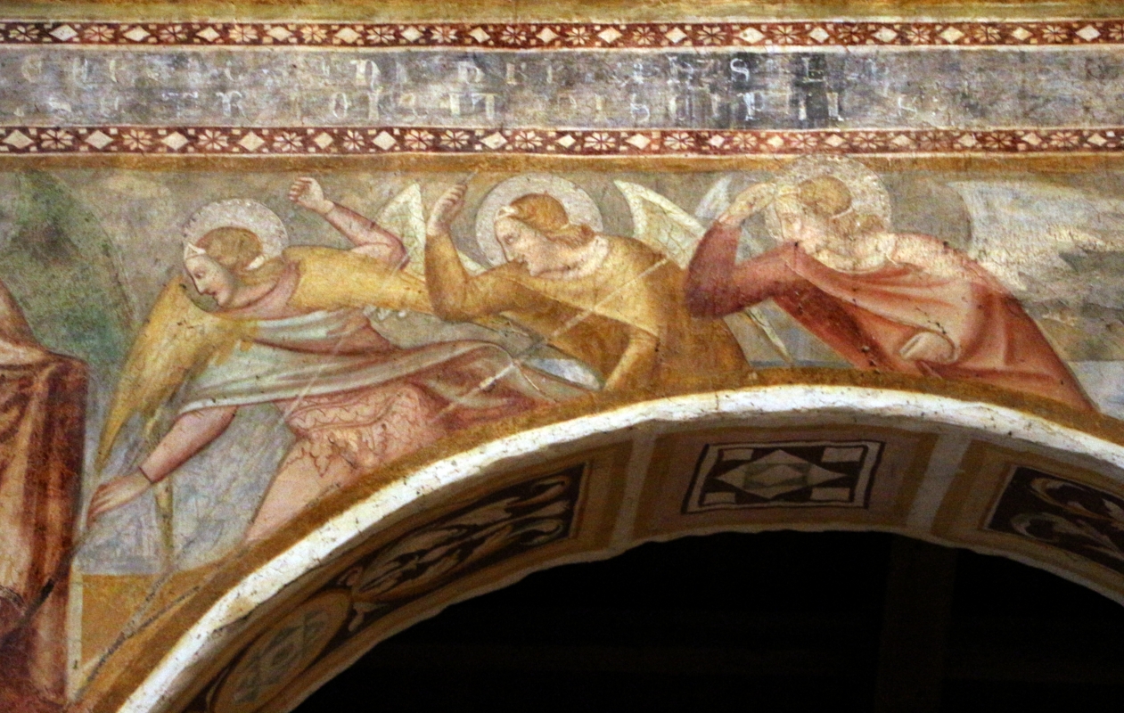 Scuola bolognese, ciclo dell'abbazia di pomposa, 1350 ca., apocalisse, 11 michele e gli angeli sconfiggono satana 6 - Sailko