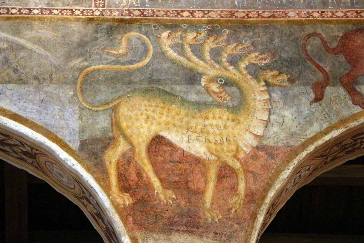 Scuola bolognese, ciclo dell'abbazia di pomposa, 1350 ca., apocalisse, 12 bestia dalle 7 teste 2 - Sailko
