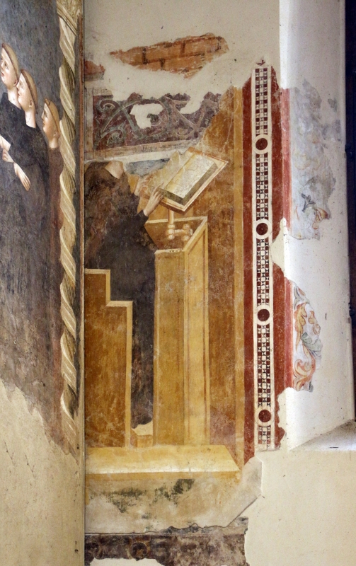 Pomposa, abbazia, refettorio, affreschi giotteschi riminesi del 1316-20, scranni 01 - Sailko