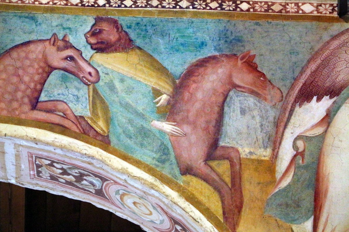 Scuola bolognese, ciclo dell'abbazia di pomposa, 1350 ca., apocalisse, 06 cavalieri con testa leonina 3 - Sailko