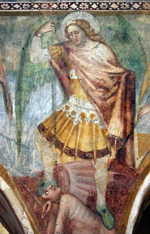 Scuola bolognese, ciclo dell'abbazia di pomposa, 1350 ca., apocalisse, 11 michele e gli angeli sconfiggono satana 4 - Sailko