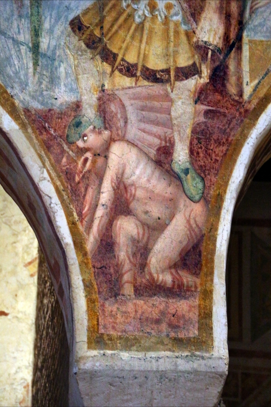 Scuola bolognese, ciclo dell'abbazia di pomposa, 1350 ca., apocalisse, 11 michele e gli angeli sconfiggono satana 5 - Sailko