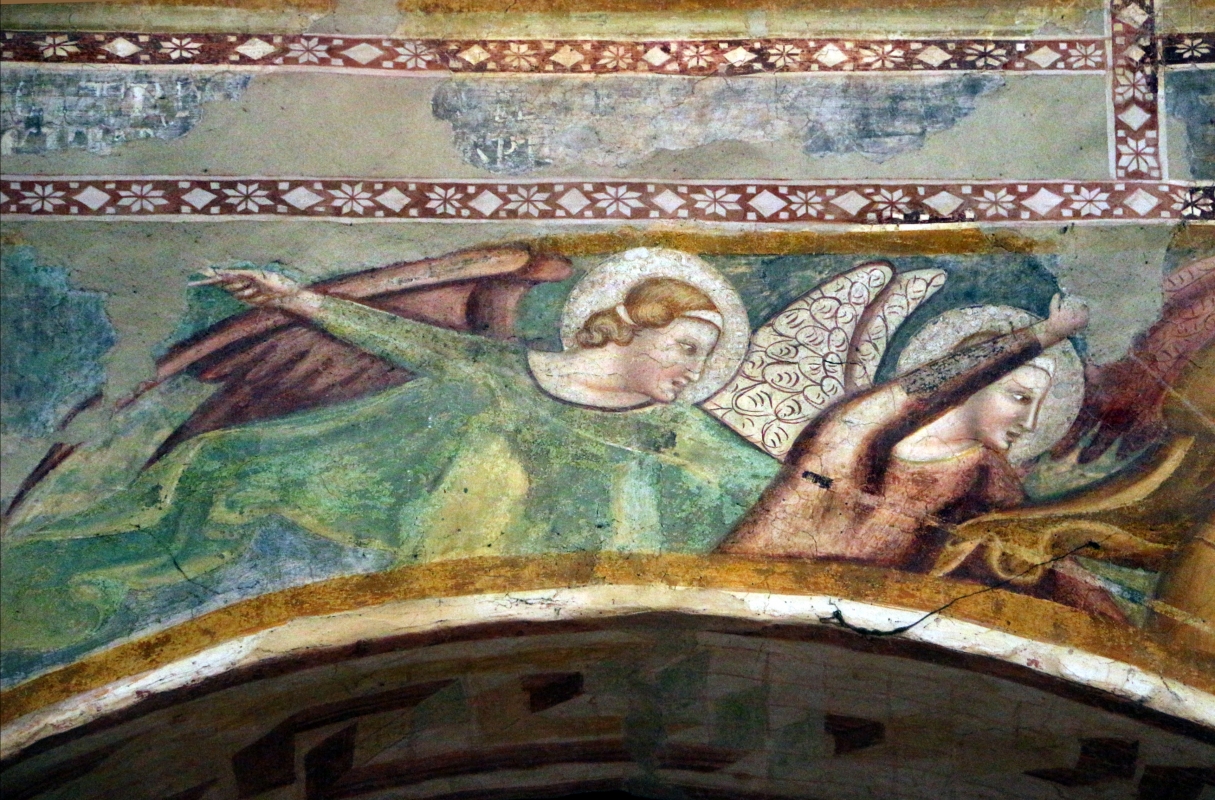 Scuola bolognese, ciclo dell'abbazia di pomposa, 1350 ca., apocalisse, 11 michele e gli angeli sconfiggono satana 2 - Sailko