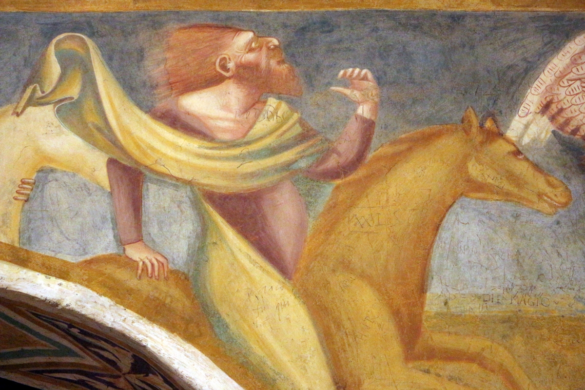 Scuola bolognese, ciclo dell'abbazia di pomposa, 1350 ca., apocalisse, 05 quattro cavalieri 4,2 verdastro, morte - Sailko