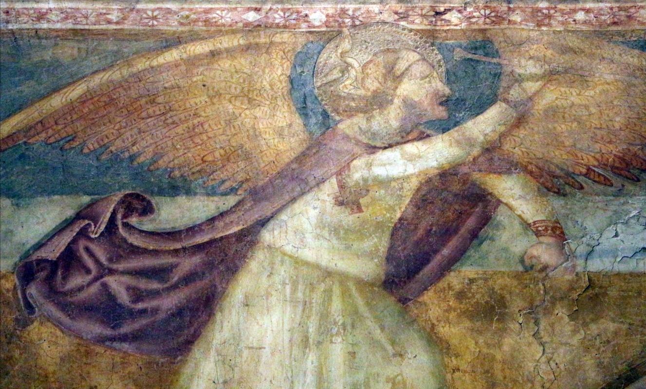 Scuola bolognese, ciclo dell'abbazia di pomposa, 1350 ca., apocalisse, 19 michele sconfigge il drago 3 - Sailko