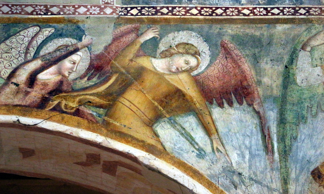 Scuola bolognese, ciclo dell'abbazia di pomposa, 1350 ca., apocalisse, 11 michele e gli angeli sconfiggono satana 3 - Sailko