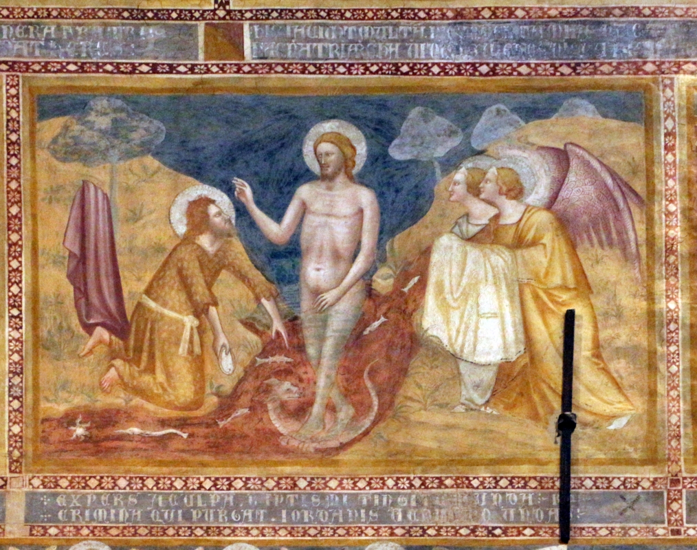 Scuola bolognese, ciclo dell'abbazia di pomposa, 1350 ca., nuovo testamento, 06 battesimo di gesù - Sailko