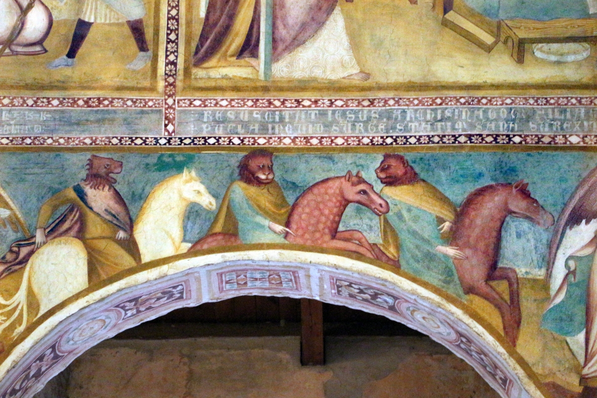 Scuola bolognese, ciclo dell'abbazia di pomposa, 1350 ca., apocalisse, 06 cavalieri con testa leonina 1 - Sailko