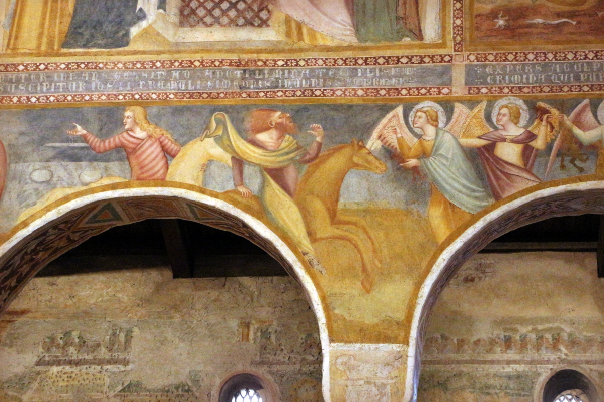 Scuola bolognese, ciclo dell'abbazia di pomposa, 1350 ca., apocalisse, 05 quattro cavalieri 5 angeli - Sailko