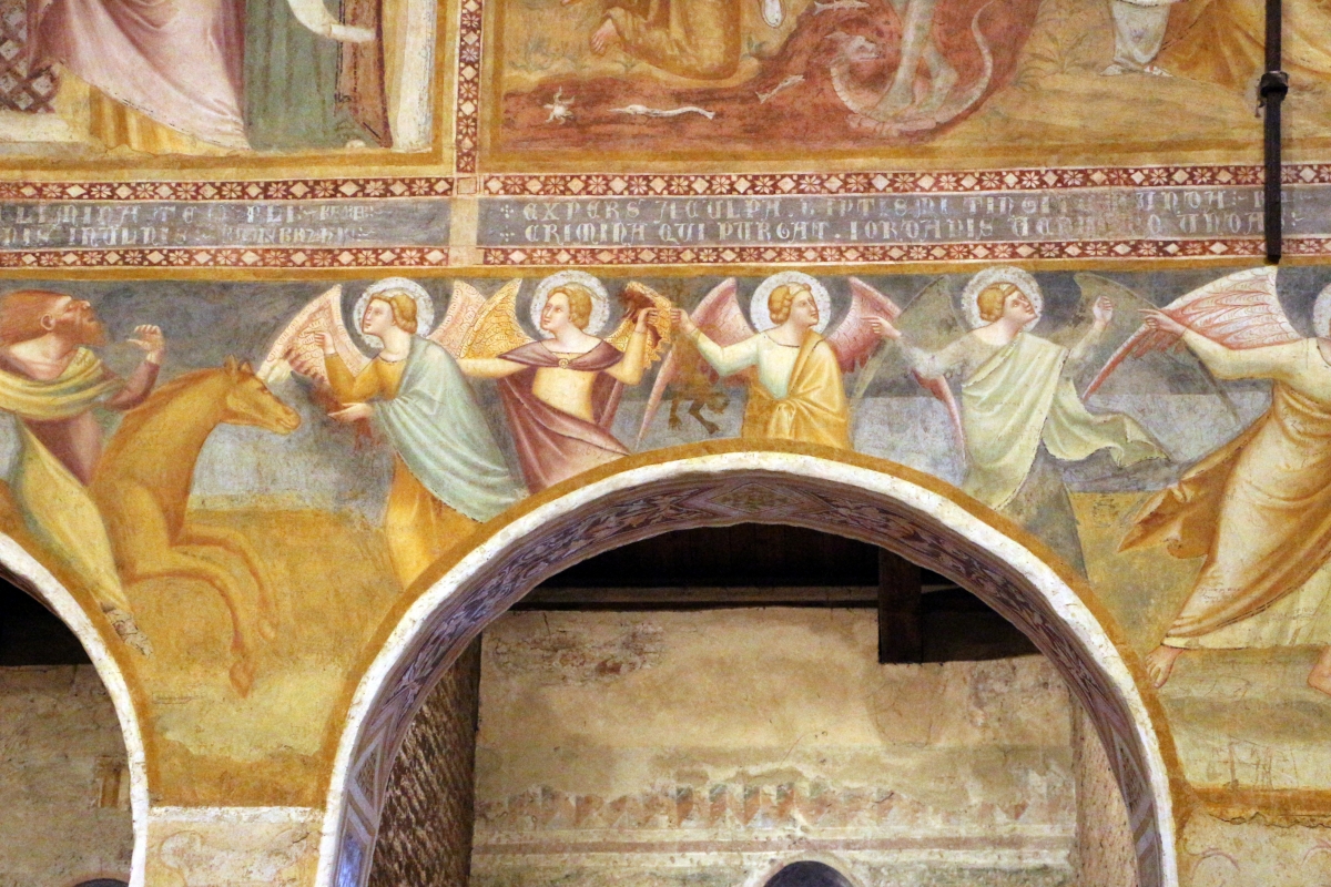 Scuola bolognese, ciclo dell'abbazia di pomposa, 1350 ca., apocalisse, 05,1 angeli 1 - Sailko
