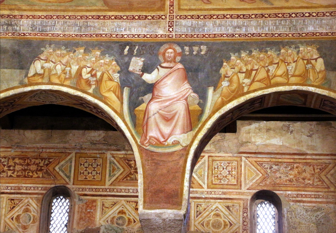 Scuola bolognese, ciclo dell'abbazia di pomposa, 1350 ca., apocalisse, 03 corte celeste e gesù col libro dei sette sigilli 1 - Sailko