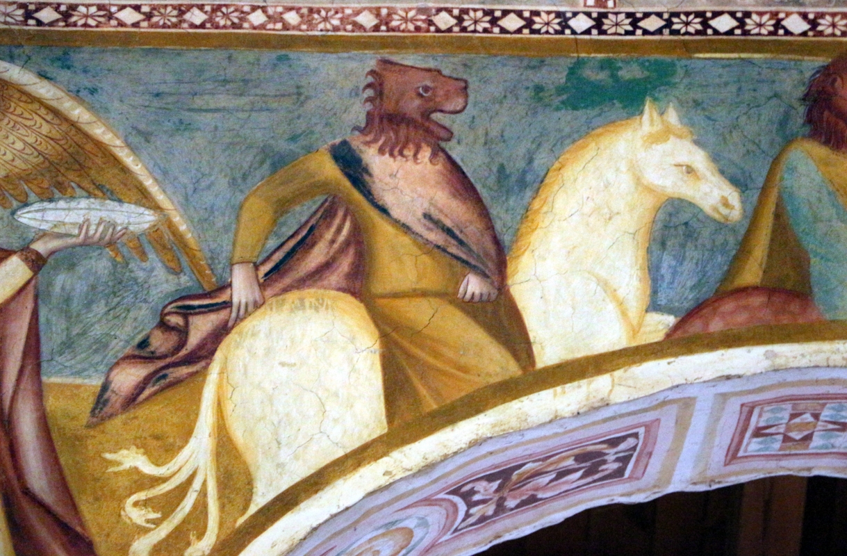 Scuola bolognese, ciclo dell'abbazia di pomposa, 1350 ca., apocalisse, 06 cavalieri con testa leonina 2 - Sailko