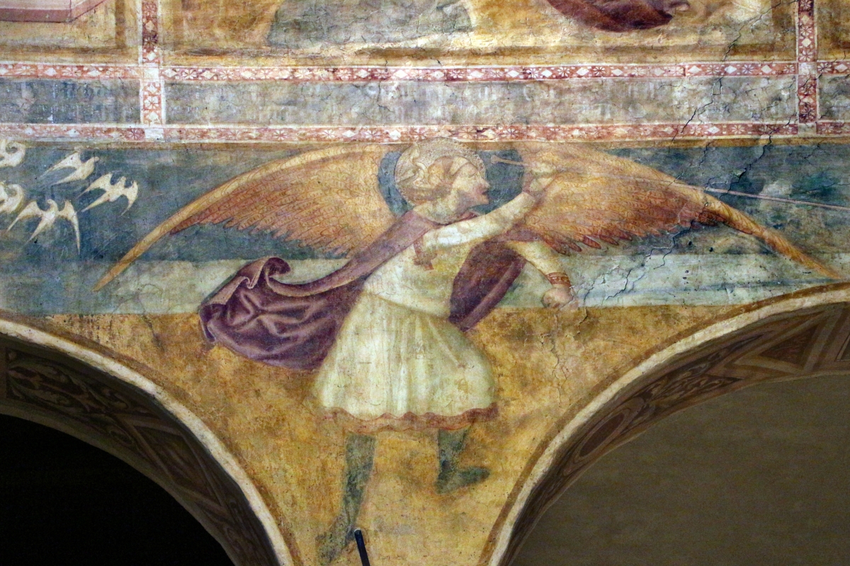 Scuola bolognese, ciclo dell'abbazia di pomposa, 1350 ca., apocalisse, 19 michele sconfigge il drago 2 - Sailko