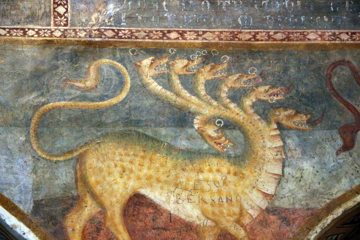 Scuola bolognese, ciclo dell'abbazia di pomposa, 1350 ca., apocalisse, 12 bestia dalle 7 teste 3 - Sailko