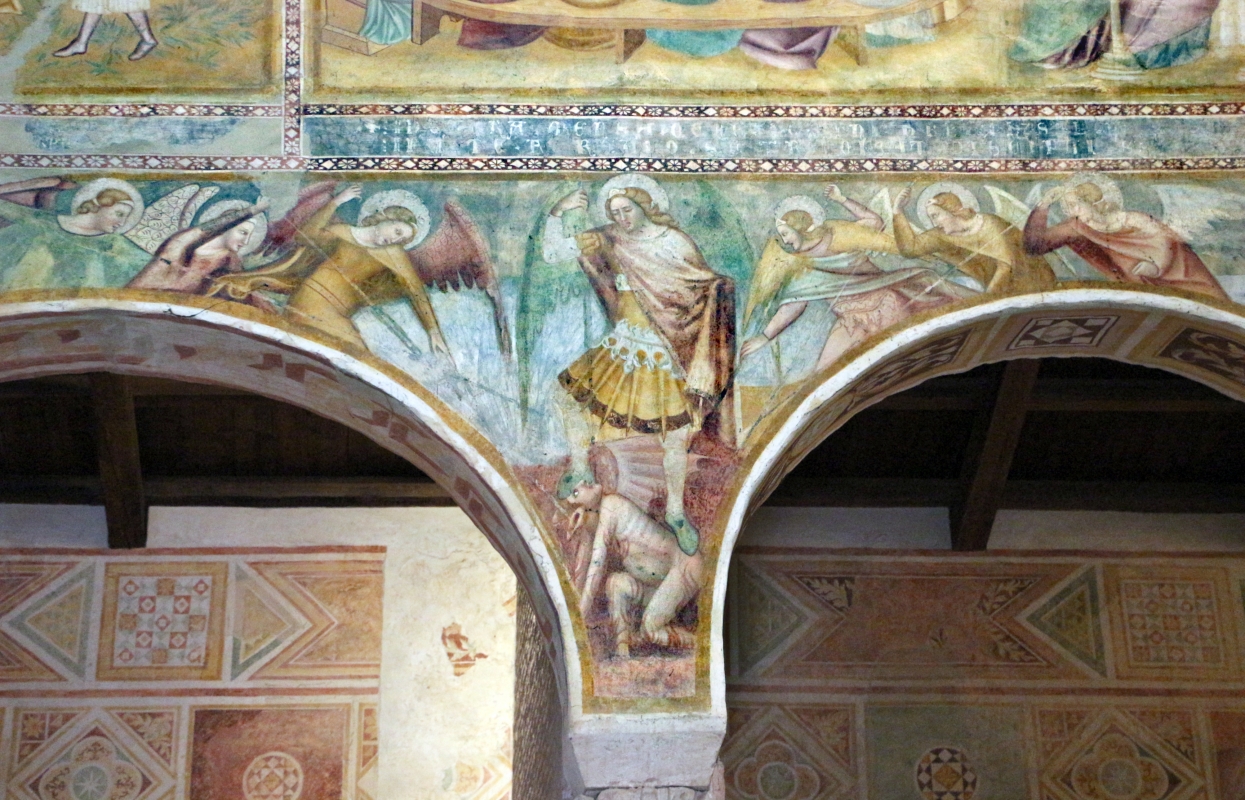 Scuola bolognese, ciclo dell'abbazia di pomposa, 1350 ca., apocalisse, 11 michele e gli angeli sconfiggono satana 1 - Sailko