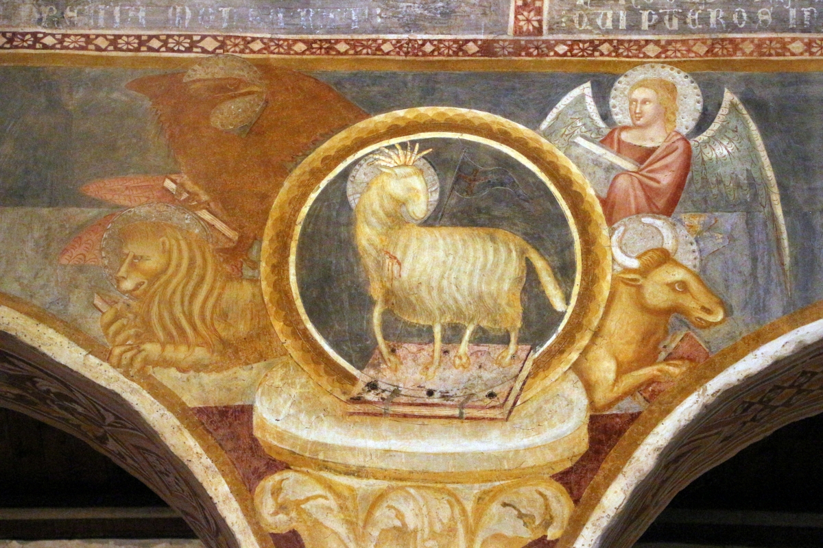 Scuola bolognese, ciclo dell'abbazia di pomposa, 1350 ca., apocalisse, 04 agnello tra il tertamorfo 2 - Sailko