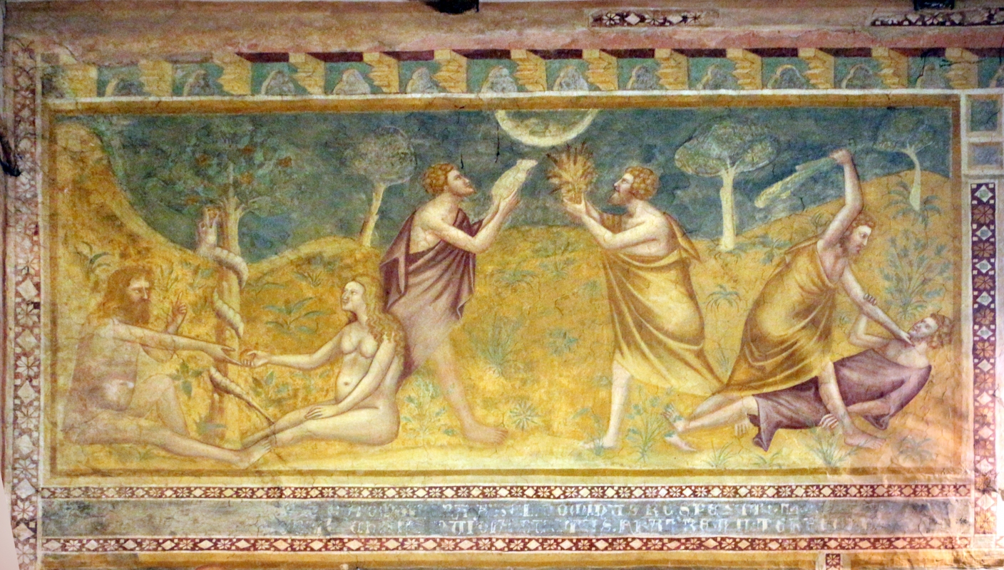 Scuola bolognese, ciclo dell'abbazia di pomposa, 1350 ca., vecchio testamento, 01 adamo, eva, caino e abele 1 - Sailko